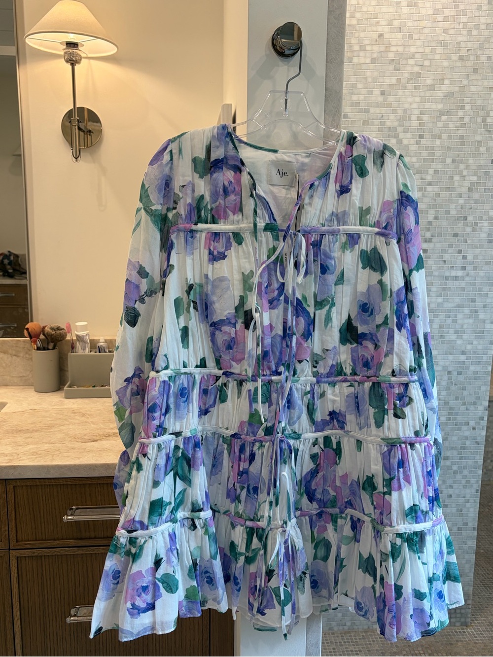 Aje women’s Floral Ruffle Dress - White with Purple & Green Floral Print 6 NWT